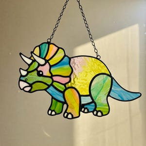 Rainbow Triceratops Stained Glass Suncatcher, Colorful Dinosaur Suncatcher Digital Download, Adorable Animal Pattern, DIY Stained Glass