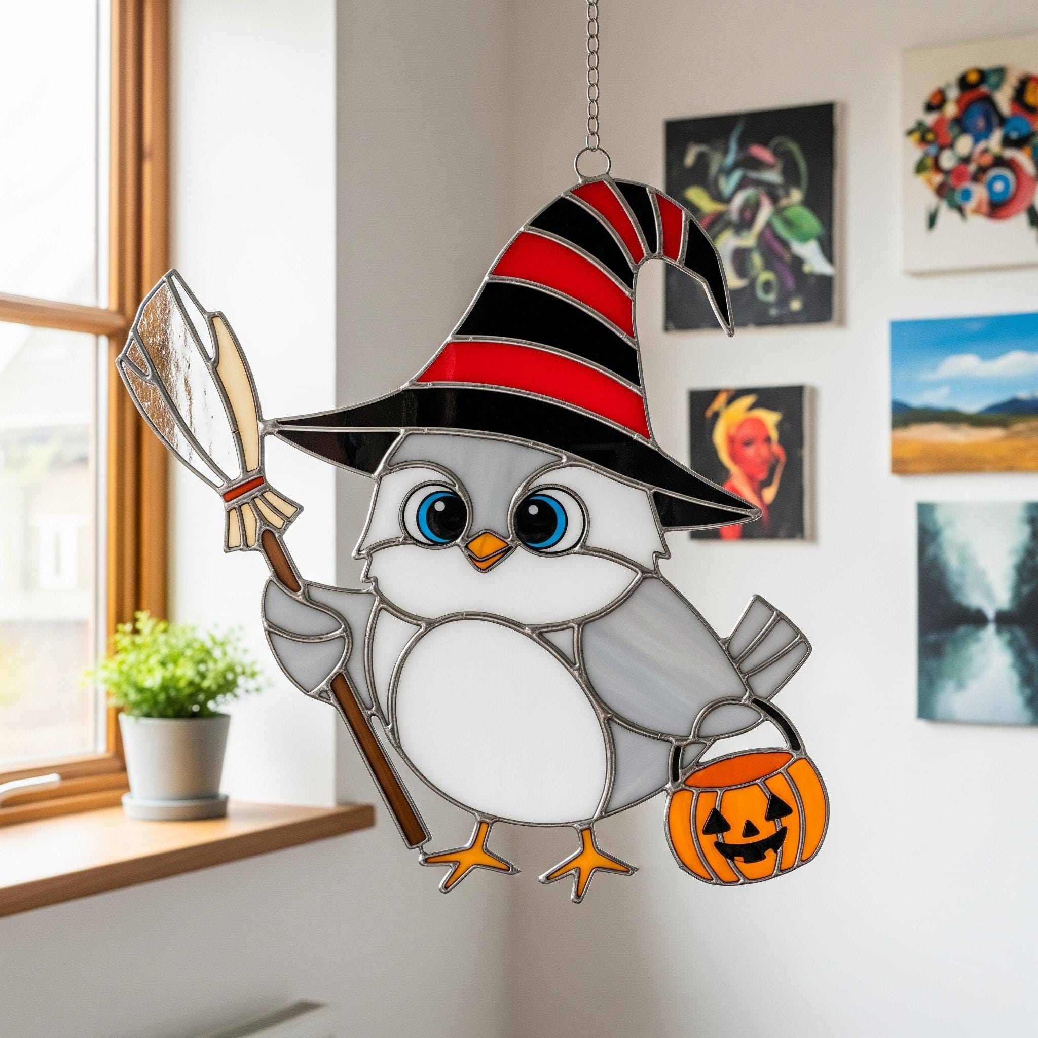 Halloween Owl Stained Glass Suncatcher, Owl With Witch Hat and Pumpkin Bucket Hanging Decor, Cute Sp
