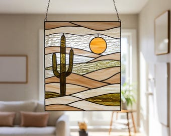 Desert Cactus Stained Glass Pattern Digital Download , Cactus with Sun Suncatcher Art, Southwest Decor, Modern Desert Glass Design Art