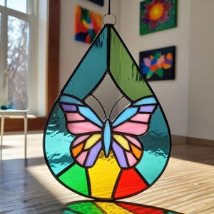 Butterfly Teardrop Stained Glass Suncatcher, Colorful Butterfly in Teardrop PDF Stained Glass Pattern, Nature Lover Gift, Spring DIY Decor