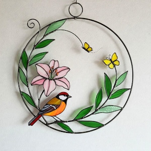Warbler Bird With Pink Lily Flower Stained Glass Pattern Digital Download, Floral Suncatcher Pattern, Modern Suncatcher, DIY Stained Glass