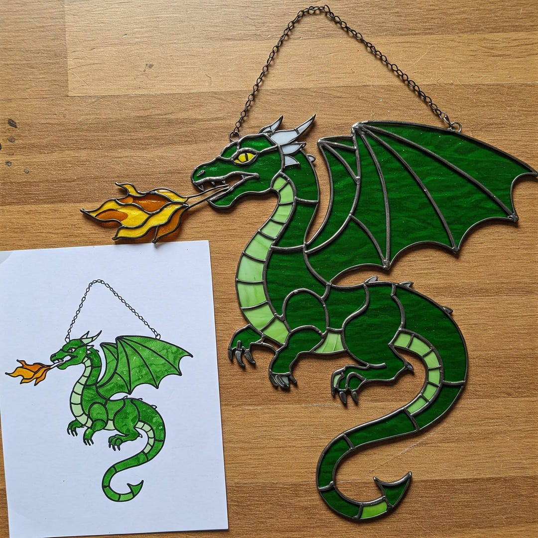 Fire Breathing Dragon Stained Glass Pattern Digital Download, Mythical ...
