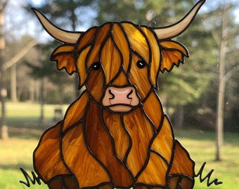 Highland Cow Stained Glass Pattern Digital Download, Highland Cow Glass Suncatcher, Modern Suncatcher, DIY Stained Glass, Mother's Day Gift