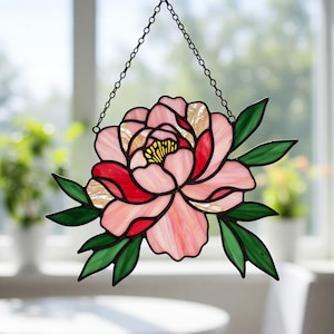 Digital Download Pink Peony Stained Glass Pattern, Flower Suncatcher, Home Decor, Modern Suncatcher, DIY Stained Glass, Mother&#39;s Day Gift
