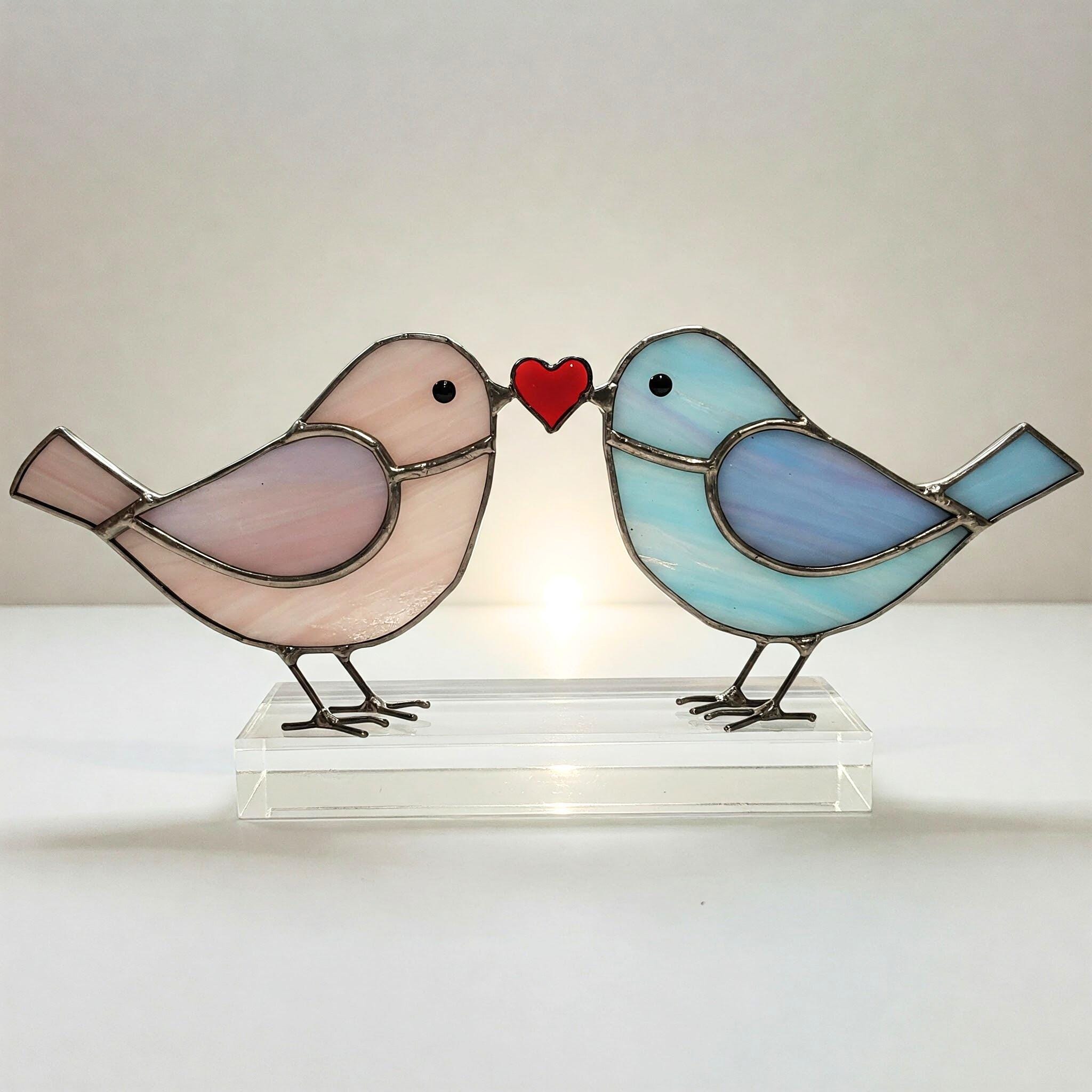 Paar vogel glas in lood patroon digitale download, vogel met hart Suncatcher, moderne Suncatcher, DIY gebrandschilderd glas, Decor van het huis