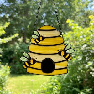 Téléchargement numérique de motif de vitrail d&#39;abeille, attrape-soleil en verre abeille et nid d&#39;abeille, attrape-soleil moderne, vitrail bricolage, cadeau pour amoureux des abeilles