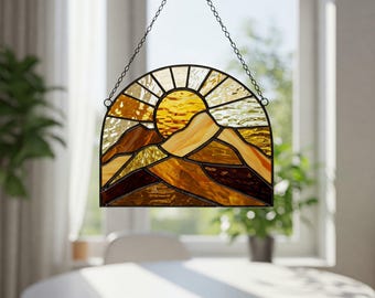 Téléchargement numérique du motif de vitrail coucher de soleil et montagnes, motif en verre paysage solaire, attrape-soleil moderne paysage naturel, vitrail bricolage