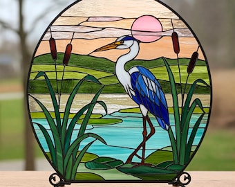 Blue Heron Stained Glass Pattern Digital Download, Lake Crane Suncatcher Stained Glass Pattern, Modern Suncatcher, DIY Stained Glass
