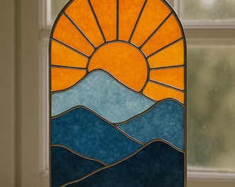 Panneau de vitrail paysage soleil et montagne, motif de vitrail PDF lever du soleil, cadeau pour amoureux de la nature, vitrail paysage bricolage