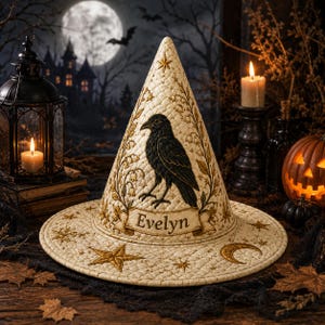 May include: A cream-colored quilted witch hat featuring a black raven illustration, floral vines, and the name Evelyn printed on a banner. The hat is decorated with gold embroidered stars and a crescent moon pattern across the wide brim.