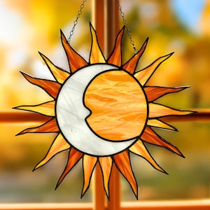 Sun and Moon Stained Glass Pattern, Celestial Moonlit Suncatcher Pattern, Sunset stained glass, Modern Suncatcher, DIY Stained Glass