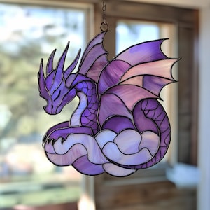 Digital Download Dragon Sleeping on Cloud Stained Glass Pattern, Purple Dragon Stained Glass Pattern, Modern Suncatcher, DIY Stained Glass