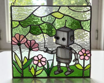 Digital Download Robot Flowers Stained Glass Pattern, Floral Suncatcher Pattern, Nature Glass Pattern, Modern Suncatcher, DIY Stained Glass