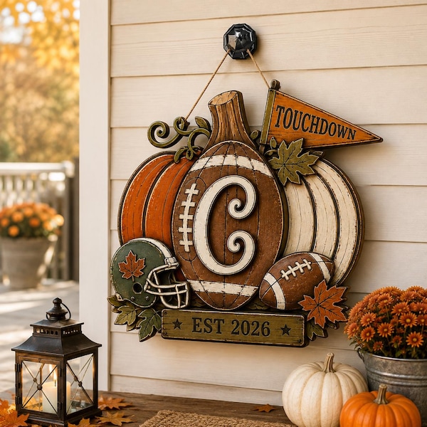 Personalisierter Kürbis-Türhänger mit Fußballmotiv, rustikales Herbst-Holzmonogrammschild, herbstliche Verandadeko im Landhausstil, Geschenk 2026, individuelle Initialen