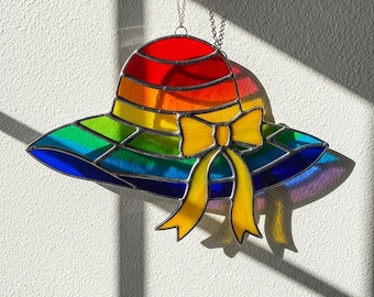 Rainbow Hat Stained Glass Suncatcher With Yellow Bow, Colorful Hat PDF Stained Glass Pattern, Whimsical Summer Decor, Gift For Her