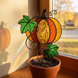 Pumpa-solfångare i målat glas, blommig pumpa PDF-mönster i målat glas, Thanksgiving-dekor, festlig DIY-dekor