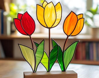 Digital Download Tulip Flower Stained Glass Pattern, Flower Stained Glass Pattern, Modern Suncatcher, DIY Stained Glass, Mother's Day Gift