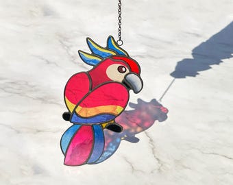 Mother's day gift, Blue Red Parrot Suncatcher Bird. Home House Pendant, Bird Wall Window Hangings Stained glass, Grandma gift, Gift for her