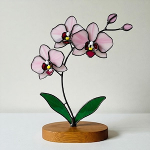 Puede incluir: Una escultura de flor de orquídea de vidrio coloreado rosa y blanco con hojas verdes sobre una base de madera.