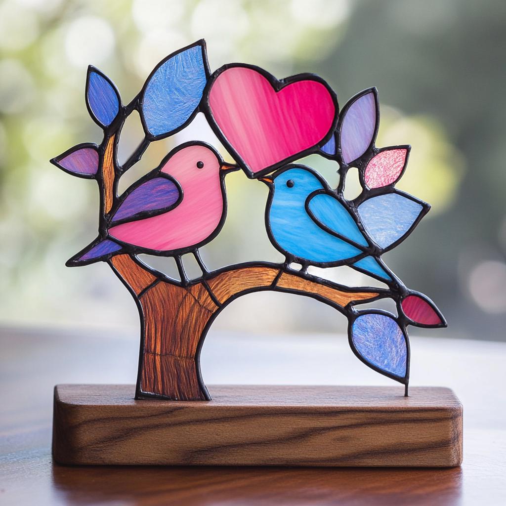 Couple Bird Stained Glass Pattern Digital Download, Heart of Flowers Suncatcher, Modern Suncatcher, DIY Stained Glass, Valentine Gift