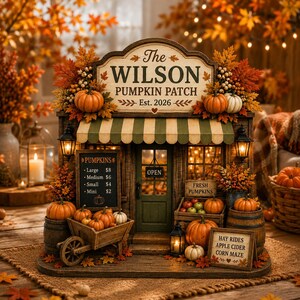 Può includere: Un chiosco di zucche in miniatura in legno con l'insegna The Wilson Pumpkin Patch Est. 2026, una tenda a righe, una lavagna con i prezzi delle zucche, una carriola piena di zucche e cartelli per zucche fresche e giri sul fieno.