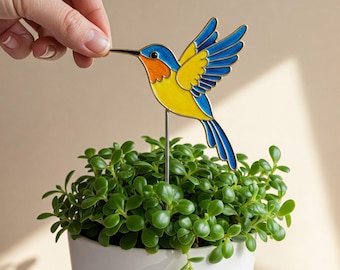 Wzór witrażu Hummingbird Plant Stakes Digital Download, wzór łapacza słońca Hummingbird, nowoczesny łapacz słońca, witraż DIY