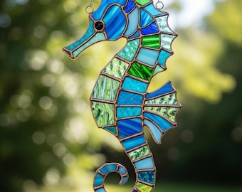 Blue Seahorse Stained Glass Suncatcher Pattern, Blue Seahorse PDF Stained Glass Pattern, Ocean Coastal Decor, Sea Lover Gift