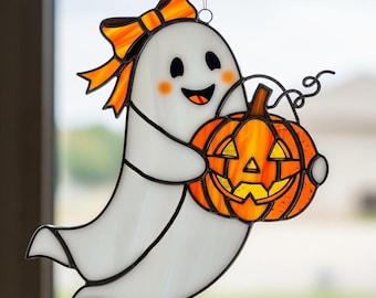 Halloween Ghost Stained Glass Suncatcher, Cute Halloween Ghost With Pumpkin PDF Stained Glass Pattern, Festive Decor, DIY Halloween Gift