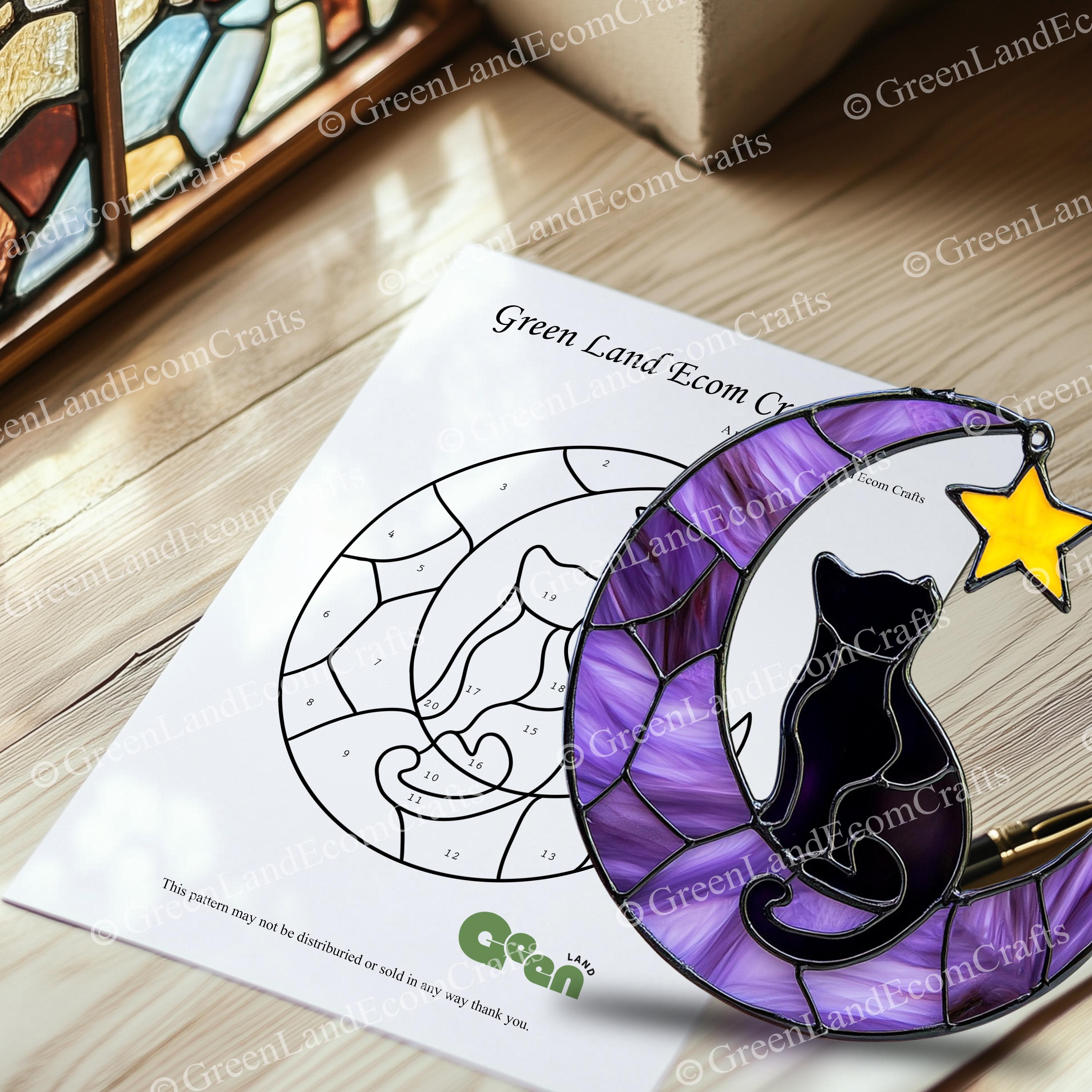 Cat on the Moon Stained Glass Pattern Digital Download, Memorial Cat ...