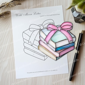 Pink Bow and Book Stack Stained Glass Pattern, DIY Stained Glass, Mom Gift, Book Lover Gift, Png and pdf download