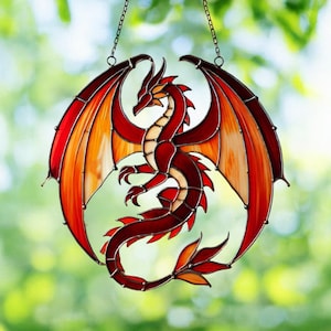 Digital Download Red Dragon Stained Glass Pattern, Dragon Flying Stained Glass Pattern, Modern Suncatcher, DIY Stained Glass
