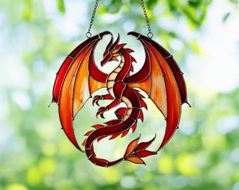 Digital Download Red Dragon Stained Glass Pattern, Dragon Flying Stained Glass Pattern, Modern Suncatcher, DIY Stained Glass