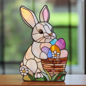 May include: A stained glass Easter bunny holding a basket of colourful eggs. The bunny is white with pink ears and a brown nose. The basket is brown with a wicker weave pattern. The eggs are pink, purple, blue, and yellow.