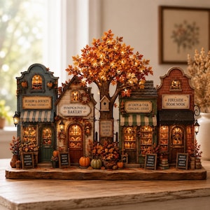 May include: A miniature autumn village display featuring four storefronts: Bloom & Bounty Floral Studio, Pumpkin Patch Bakery, Acorn & Oak General Store, and Fireside Book Nook. A central tree with illuminated orange leaves connects the buildings.