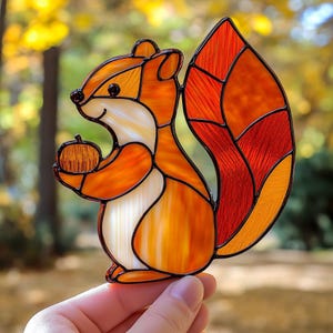 Padrão de vitral de esquilo e bolota para download digital, Padrão de apanhador de sol de esquilo de outono fofo, apanhador de sol moderno, vitral faça você mesmo