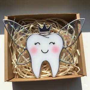Cute Tooth Fairy Stained Glass Suncatcher, Crown Tooth Window Hanging, Dental Stained Glass Decor, Dentist Gift