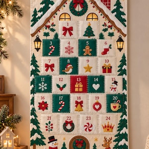 Peut inclure: Un calendrier de l'Avent mural en tissu représentant une maison avec vingt-quatre poches numérotées. Chaque poche présente une icône brodée sur le thème de Noël. La partie inférieure comprend une porte marron et le prénom Oliver en rouge.