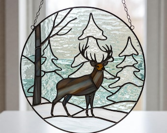 Gebrandschilderd glaspatroon herten rond sneeuw, patroon herten suncatcher glas, moderne suncatcher, DIY gebrandschilderd glas, dier cadeau, hangend decor thuis