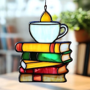 Tea (Coffee) and Book Stack Stained Glass Pattern, DIY Stained Glass, Mom Gift, Book Lover Gift, Png and pdf download