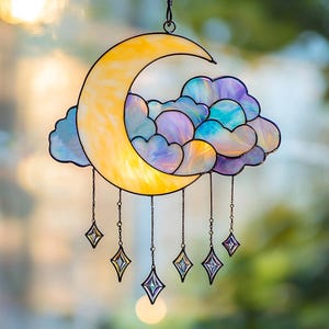 Iridescent Crescent Moon Stained Glass. Moon and Stars Beads Suncatcher, Cloud Stained Glass Pattern, Modern Suncatcher, DIY Stained Glass