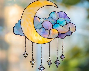 Iriserende wassende maan gebrandschilderd glas. Maan en sterren kralen Suncatcher, wolk glas-in-loodpatroon, moderne suncatcher, doe-het-zelf-gebrandschilderd glas