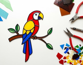 オウムのステンドグラスプリントセット：鮮やかな鳥の絵5枚（デジタル