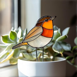 Patrón de vitral con estacas para plantas de petirrojo, descarga digital, patrón de atrapasol de petirrojo, atrapasol moderno, vitral DIY