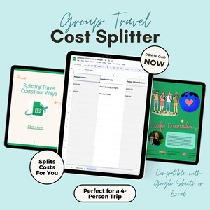 Reiskosten op 4 manieren splitsen | Bewerkbare Google-spreadsheetsjabloon | Eenvoudige reiskostenverdeler voor groepen | Digitale download
