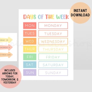days of the week, days of the week printable, homeschool print, classroom poster, days of the week download, days of the week print