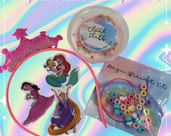 May include: A collection of party favors with a fairytale princess theme. Includes a pink sequined crown, a container of Cloud Fluff, princess stickers, and a Magic Bracelet Kit with colorful beads and elastic.