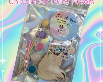 Bolsa de regalo para fiesta de unicornio: kit de manualidades para niños listo para regalar con unicornio de madera, arcoíris, pinturas metálicas y pegatinas de diamantes de imitación.