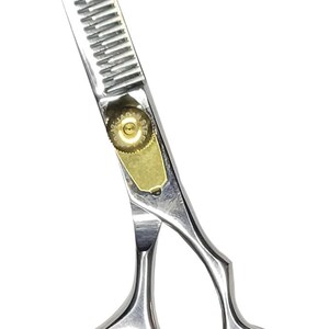 May include: Silver hairdressing shears with gold accents and a textured blade. The shears have offset handles with gold rings.