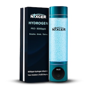 May include: A teal hydrogen water bottle with the brand name "NXXCER" and the text "HYDROGEN PRO-8000ppb". The bottle has an OLED display showing "08:22". The box reads "Breathe. Drink. Thrive."