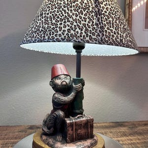 Whimsical Hand-Painted Monkey Table Lamp with Optional Leopard Print Shade • 1980s Style •